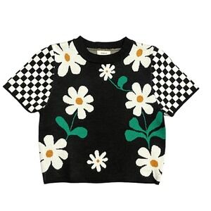 Debut Womens Floral Checkered Short Sleeve Knit Sweater Top